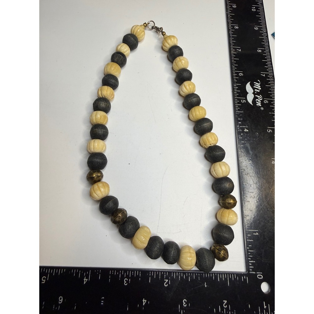 Handcrafted Chunky Beaded Necklace Carved Cream Black Wood Bronze Tone 19 Inch